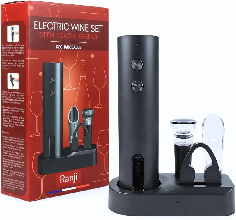 Visita la tienda de Ranji Ranji - Kit Sacacorchos Eléctrico Recargable USB-C, Abrebotellas Eléctrico Vino con Cortacápsulas, Tapón Conservador, Vertedor y Soporte, Set Accesorios para el Vino, Regalo Amantes del Vino — Vino y mesa festiva