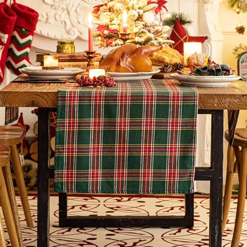 Generisch 7WUNDERBAR Camino de mesa de Navidad, decoración navideña, camino de mesa de invierno, rojo, para cocina, mesa, decoración navideña, 33 x 180 cm (cuadros) — Hogar y cocina