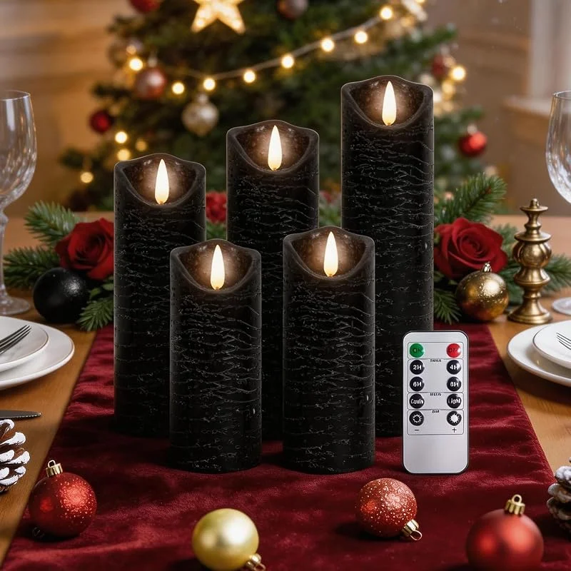 Visita la tienda de AiiBowy LED Velas Sin Llama [5 piezas] Cera Real, No plastico, Velas al aire libre, llama parpadeante, Control remoto, Función de temporización, Ajustar las luces, Navidad, Cumpleaños - Negro — Cena a la luz de velas