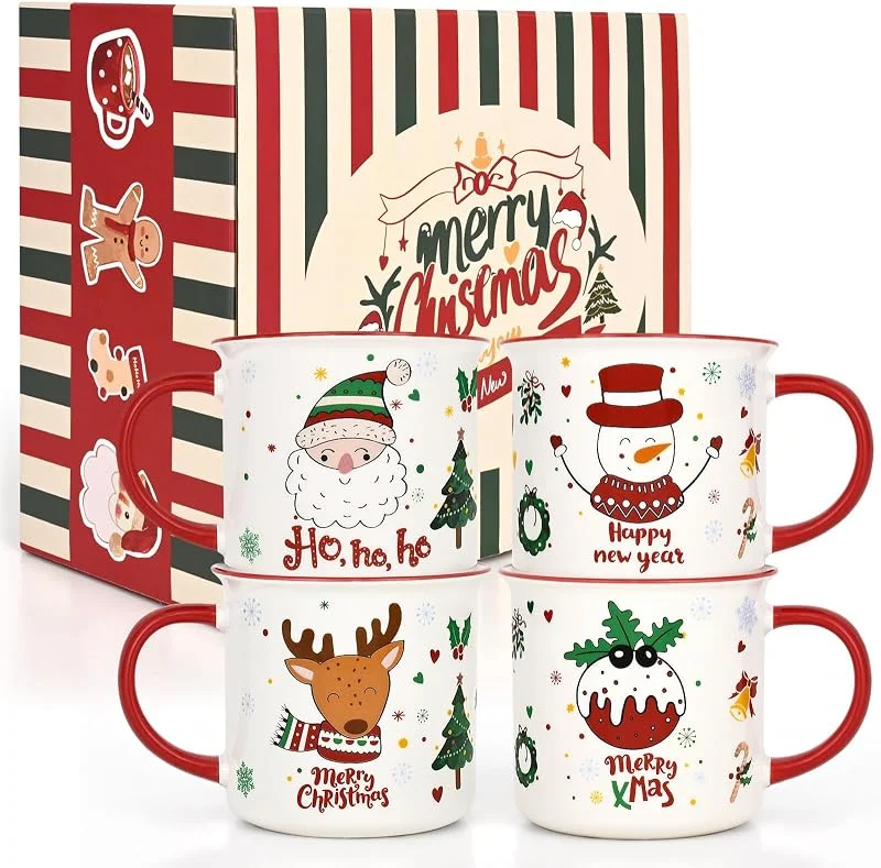 Joymaking Set de 4 Tazas de Navidad, Taza de Café con Diseño Festivo, Alegre Taza Navideña con Papá Noel, Muñeco de Nieve, Reno, Taza para Cacao Caliente, Regalos para Familia y Amigos 370ml — Adviento y mesa