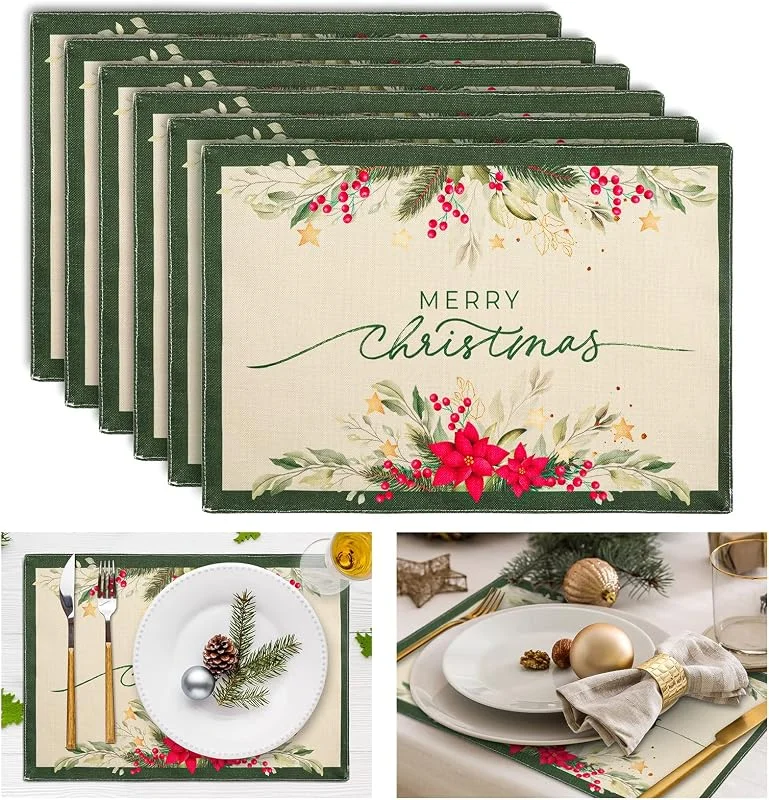 Whaline 6 manteles individuales de arpillera de Navidad con diseño de flores de poinsettia, manteles individuales impermeables de doble capa, resistentes al calor, cocina, suministros de decoración — Hogar y cocina