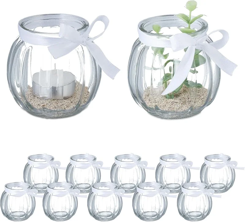 Visita la tienda de Relaxdays Relaxdays Portavelas, Set de 12, Cristal, Porta Velas Té con Lazo, Interior y Exterior, Decoración Mesa, Transparente — Cena a la luz de velas