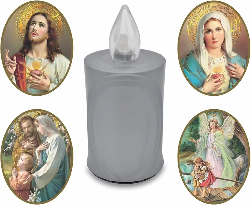 AROBA Vela LED para tumba – efecto parpadeante como una vela real, larga duración de combustión hasta 120 días, reutilizable para cementerio, vela conmemorativa – plata, incluye selección de santos — Cena a la luz de velas