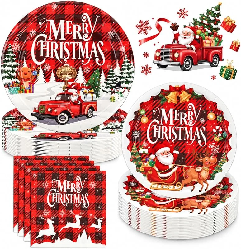EVYIENEN 60 piezas de platos de papel de Navidad, platos temáticos de Navidad, manteles, cubiertos y Papá Noel para la decoración de la fiesta de Navidad, para 20 invitados — Adviento y mesa