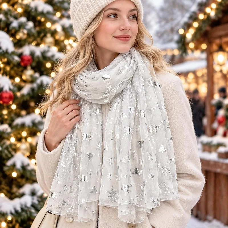 Bufanda de Navidad para mujer, diseño de árbol de copo de nieve rojo, con estampado de bastón de caramelo, suave, ligera, transparente, chal para vacaciones, invierno, mamá y familia — Ropa Navidad