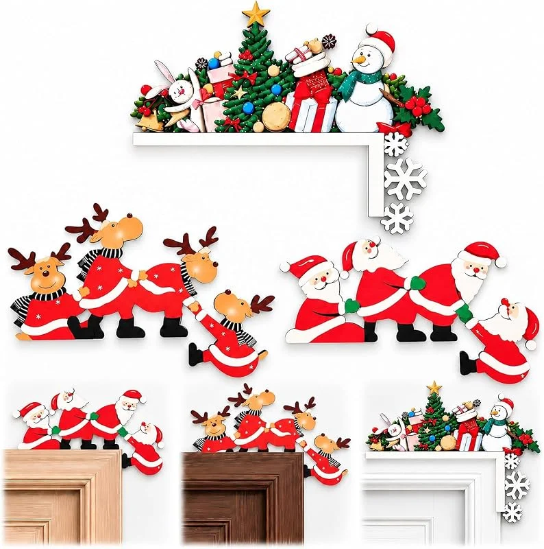 ZEXUPORIUM 3 Piezas Decoración Puerta Navidad, para Adornos de Marco de Puerta de Esquina de Madera (Papá Noel, los Renos, Muñeco de Nieve Adorno) — Decoracion Navidad