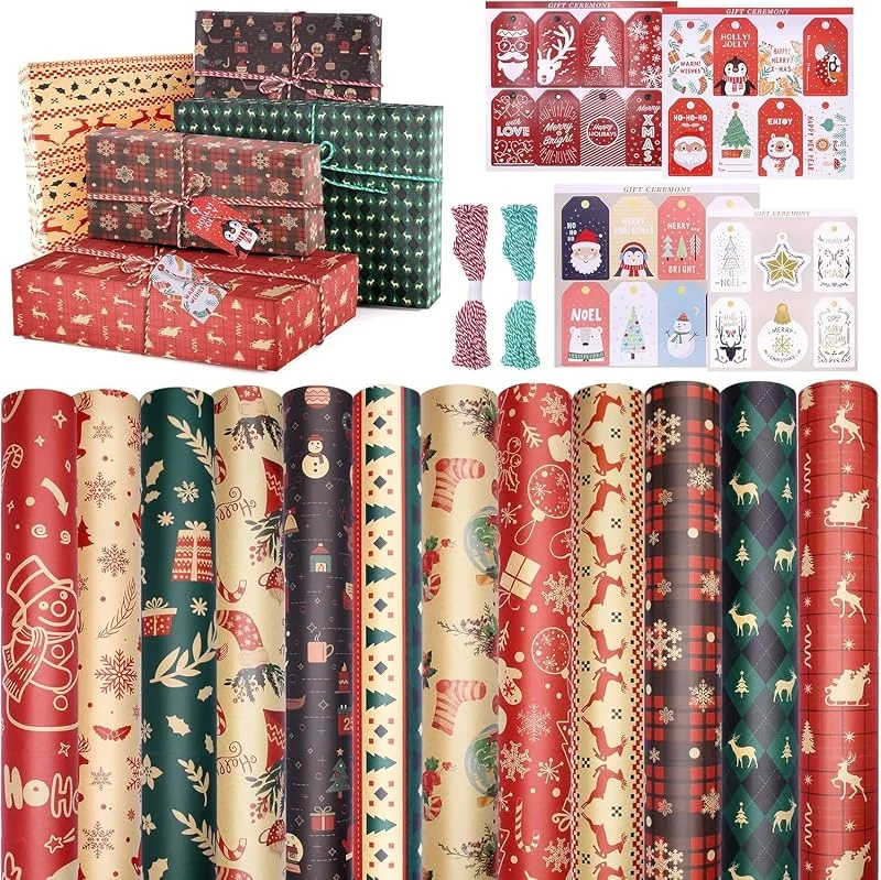 HOVIBU 12 Piezas Papel de Regalo 70x50cm Navidad, Reciclable Kraft Natural, Con 30 Etiquetas y 2 Rollos de 11m de Cuerda de Algodón, Para Nochebuena Xmas — Envoltorio regalo