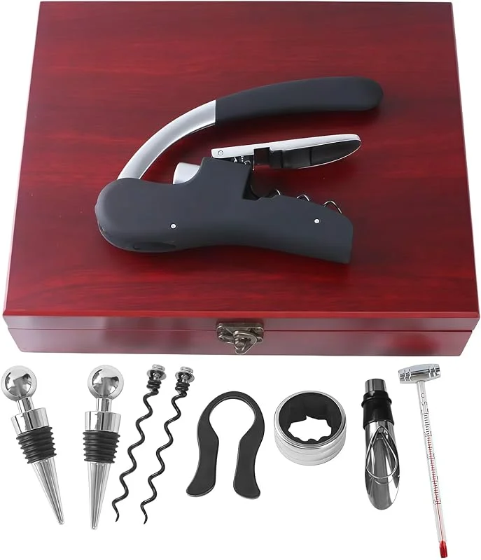 Visita la tienda de BestYiJo Juego de abridor de vino con sacacorchos de conejo, kit de abridor de botellas de vino de acero inoxidable que incluye cortador de aluminio, vertedor de decantador de vino, termómetro, anillo de goteo — Vino y mesa festiva