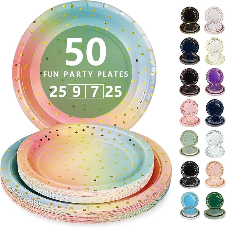 Nkaiso Platos Desechable, 50 Piezas Arcoíris y Dorado Vajilla de Fiesta Set -25x 23cm & 25 x 18cm Platos de Carton, legante y Resistente para Bodas, Cumpleaños y Eventos — Adviento y mesa