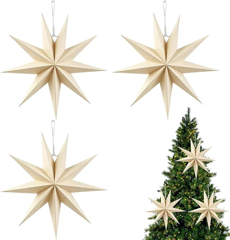 OZNXWRYY Estrellas Papel Beige 30cm 3 Piezas, Decoración Colgante Navidad 3D — Decoracion Navidad