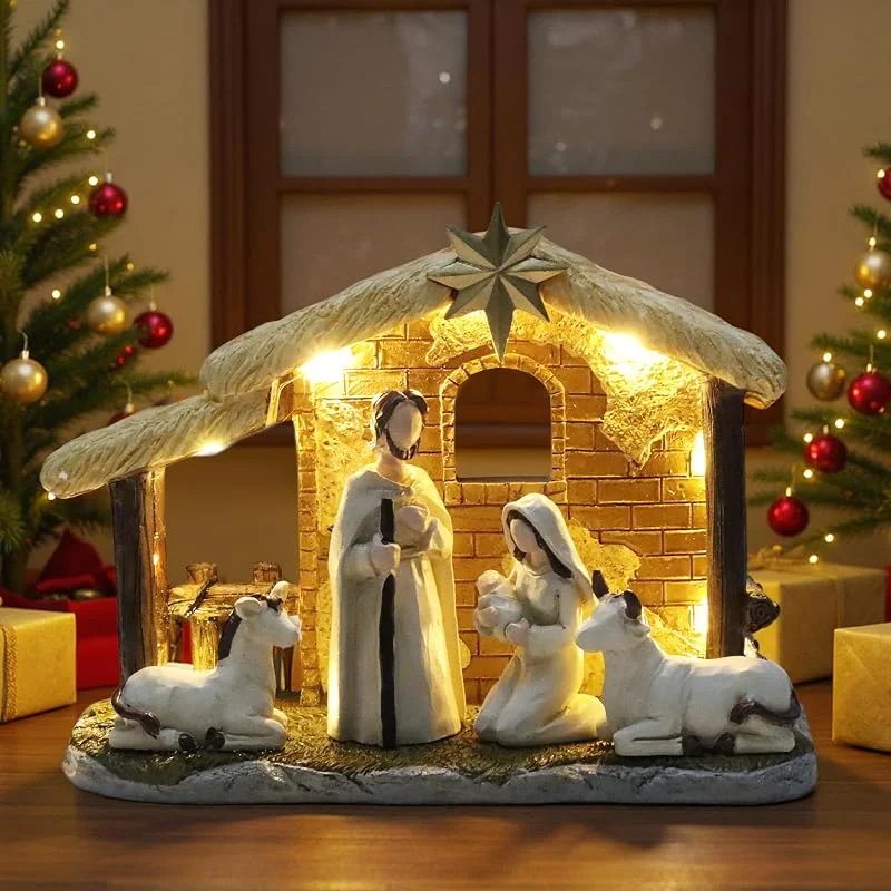 Hebaogugu Juego de belén de Navidad, belén de Navidad 2025 con luz, resina hecha a mano, escena de mesa del Jesús del nacimiento para decoración del hogar (mediano, 5 piezas) — Decoracion Navidad
