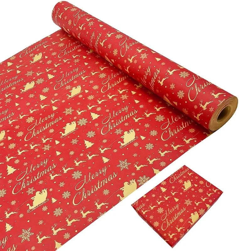 LZRinue Rollo de papel de regalo navideño de 43 cm × 20 m, Papel de Regalo Kraft Reciclable Impreso con Papá Noel y Alce, Rollo de Papel Kraft para Envolver Regalos de Boda de Cumpleaños de Navidad — Envoltorio regalo