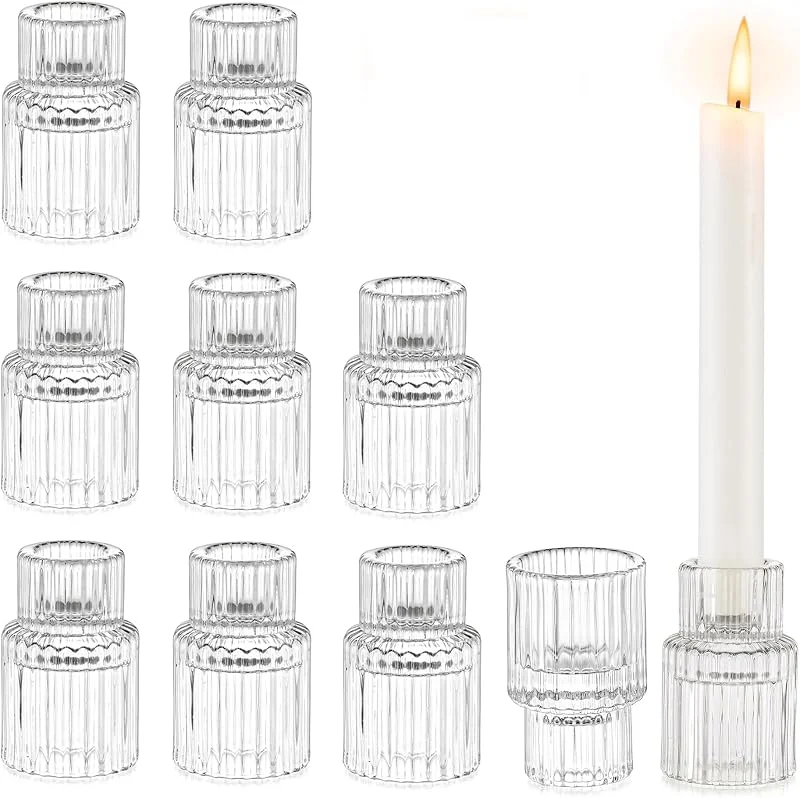 Glasseam Portavelas Pequeños De Cristal Transparente - Juego De 10 Acanalados Para Navidad, Salón, Centro De Mesa De Boda Y Decoración Del Hogar - Modernos — Cena a la luz de velas