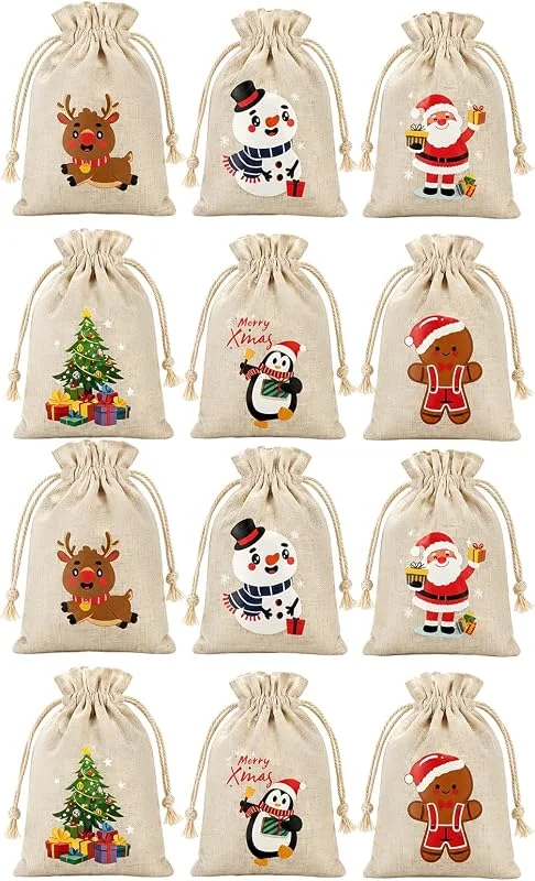 Kaelaxroy Lote de 12 bolsas de arpillera de 10 x 15 cm para Navidad con cordón, pequeñas bolsas de regalo con diseño de Papá Noel y reno, reutilizables — Envoltorio regalo