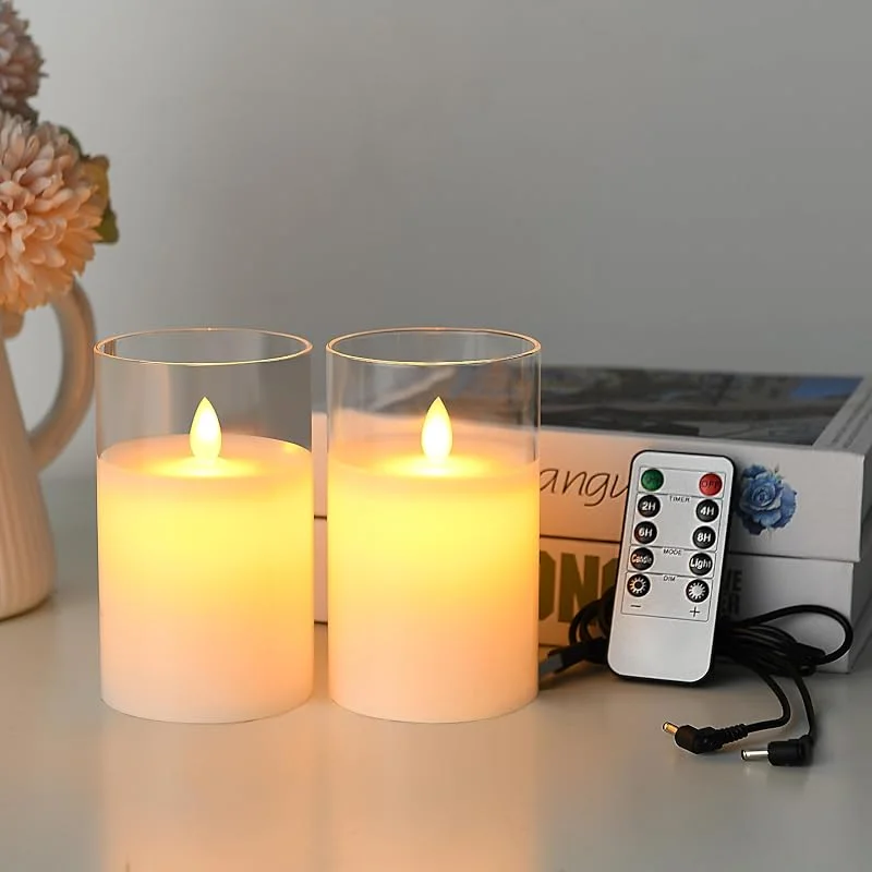 Lonkenn Pack de 2 Recargable Velas LED, Funciona con Pilas Velas con Blanco Vidrio Efecto, USB Vela con Temporizador y Mando a Distancia, Para Navidad, Pascua, Fiestas, Bodas, Cumpleaño, 12.5cm — Luces Navidad