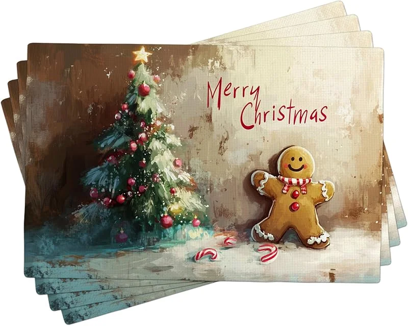 Generic Juego de 4 manteles individuales de pan de jengibre de Navidad, color rojo, acogedores, lavables, para interiores y exteriores, vajilla decorativa de Navidad, 45, 7 x 30, 5 cm — Hogar y cocina