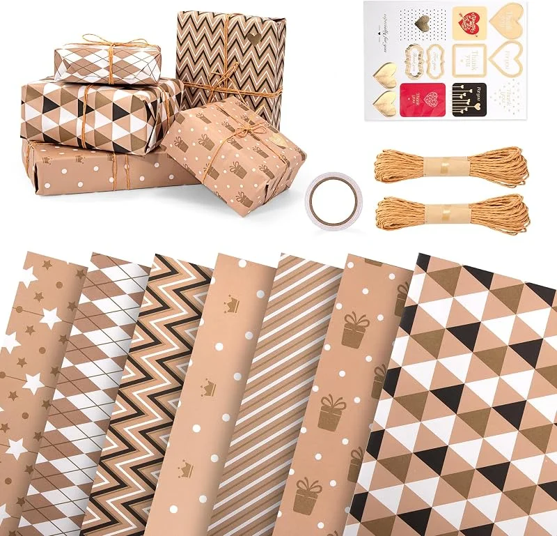 Newellsail Papel de Regalo, Hojas de Papel de Regalode Cumpleaños con 2 Cuerdas 1 Cinta de Doble Cara 1 Pegatina, Juego de Papel de Regalo para Navidad Boda Fiestas (70 x 50 cm) — Envoltorio regalo