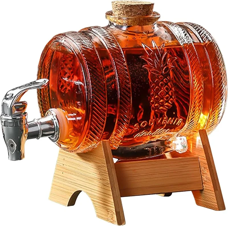 OUGPIU Decantador de Whisky 1000ML con Soporte Madera, Kit de Decantador de Vino con Grifo, Barril de Vino de Vidrio para Beber Licor de Borbón Escocés Hombres Papá Esposo Novio Aniversario Cumpleaños — Vino y mesa festiva