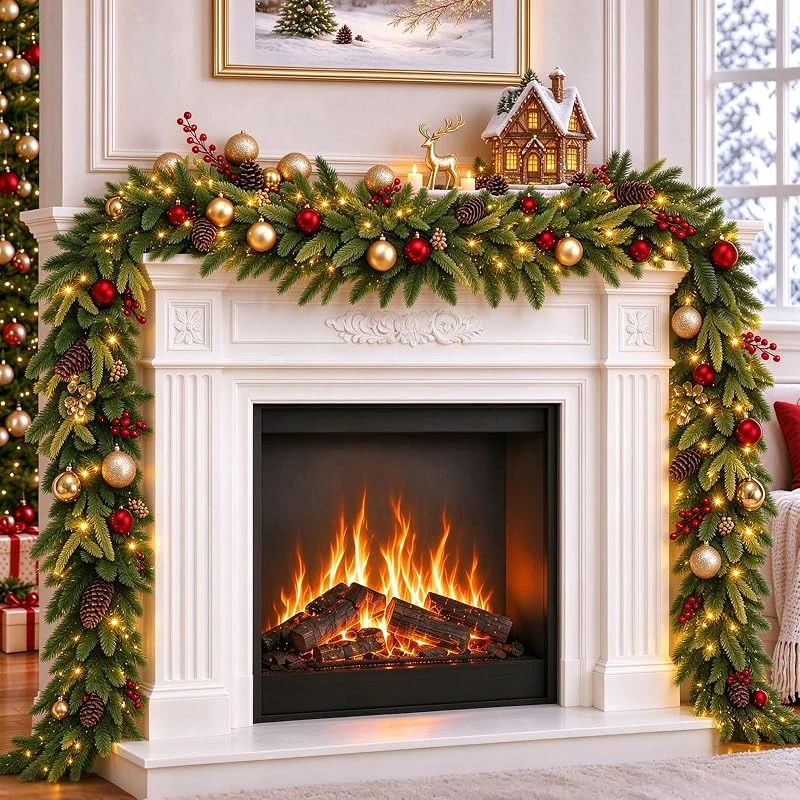 Berelin Guirnalda de Navidad artificial de 2, 7 m, 9 pies con iluminación, guirnalda de abeto artificial preiluminada para escaleras, chimenea, puerta de casa, guirnalda decorativa de Navidad, funciona con — Decoracion Navidad