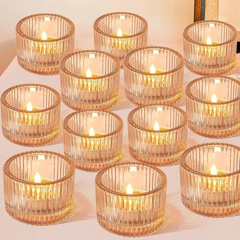 HOVIBU Juego de 12 portavelas vintage de 5 cm x 3, 8 cm, pequeñas velas de cristal para portavelas, decoración de mesa, aniversario, fiesta, boda, fiesta de cumpleaños, Navidad — Cena a la luz de velas