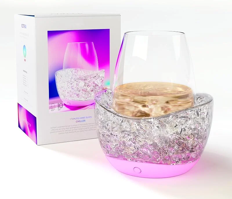 POILOVES Enfriador de vino para vidrio sin tallo, mantiene tus copas de vino frías, 10 modos de luz de color, accesorios esenciales para vino separables (rosa rosa) — Vino y mesa festiva