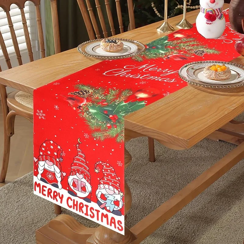Pwsap Camino de Mesa Navidad Lino Rojo, Corredor Mesa Navideño con Estampado de Acebo de pájaros navideños de gnomos, Adornos Navideños Largo para Mesa Navidad Comedor Cocina Restaurante Hotel, 14"x 72" — Hogar y cocina