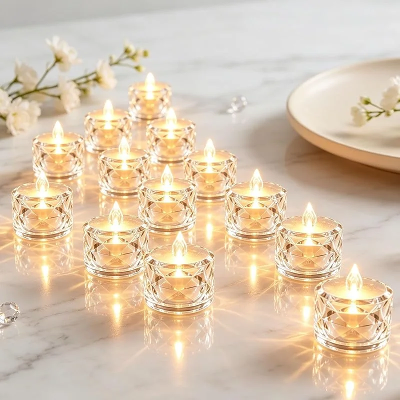 Weiongppy 24 Velas de Té LED Diamante, Velas Sin Llama con Luz Blanca Cálida, Pilas Incluidas, Velas LED Decorativas para Mesa, Boda, Navidad, Cumpleaños y Fiestas — Adviento y mesa