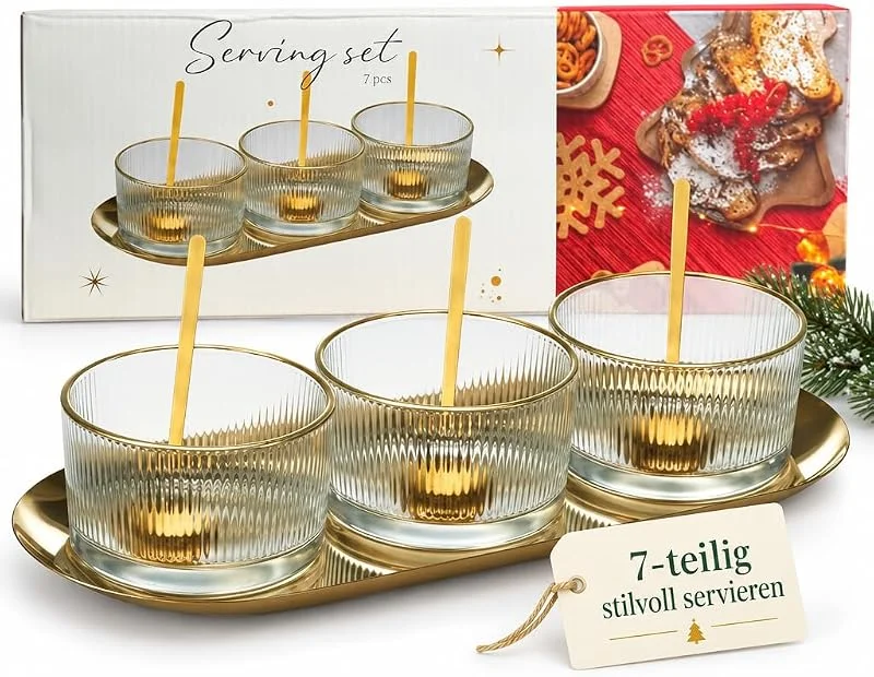 MIJOMA Juego de 7 piezas para servir Navidad – 3 cuencos de cristal con borde dorado, cucharas doradas y bandeja de acero inoxidable – Elegante juego de salsas y aperitivos para ocasiones festivas — Adviento y mesa