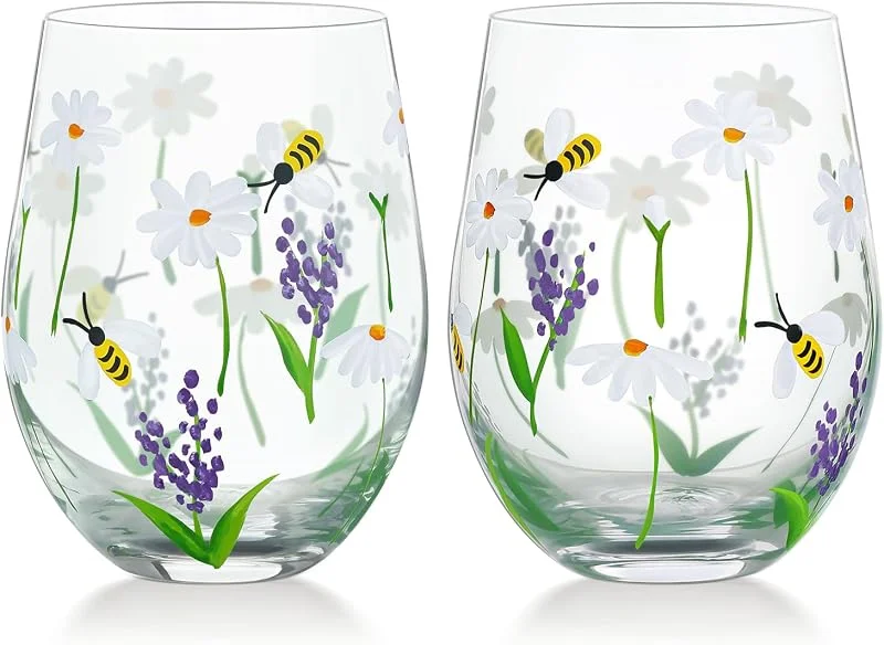 Visita la tienda de NymphFable NymphFable Juego de 2 Copas de Vino Sin Tallo Pintadas a Mano Margarita Abeja Vasos de Cóctel Ginebra Regalo para Mujeres, 18 oz — Vino y mesa festiva