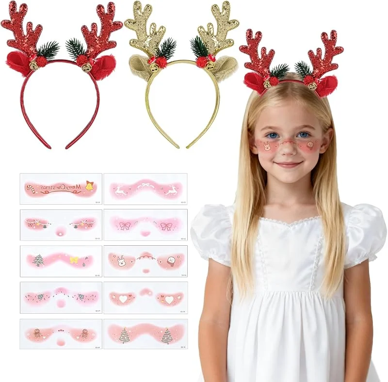 Tuxvealu 2 Piezas Diadema Navidad con Cuernos de Reno, Diademas de Navidad — Ropa Navidad