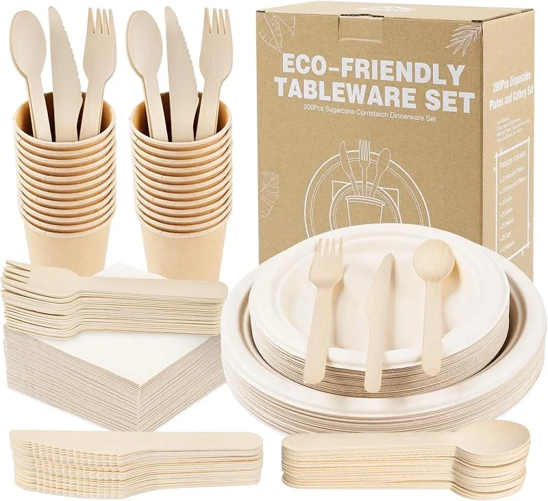 Anstore 200 Platos de Papel Ecológicos para Cumpleaños, Platos de Cartón Marrón, 25 Invitados Vajilla Reutilizable para Fiesta, Boda y Picnic, Plato, Cuchara, Tenedor, Cuchillo, Vasos, Servilletas — Adviento y mesa