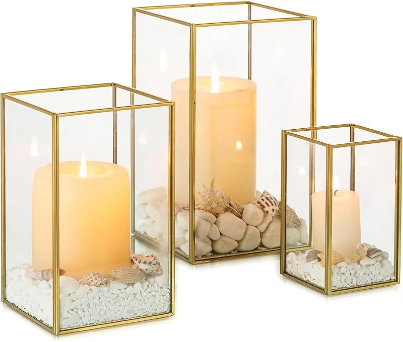 Visita la tienda de Nuptio NUPTIO Huracán Candelabros de Vidrio - 3 Piezas Oro Linterna Templado Chimenea Vidrio Velas Conjunto Al Aire Libre Cuadrado Decorativo La Boda Navidad Adornos Halloween Sala Estar Mesa Chimenea — Cena a la luz de velas