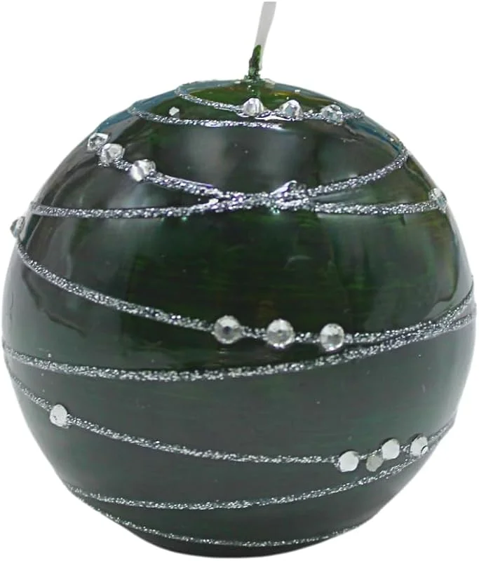 Dekohelden24 Noble vela esférica, vela de mesa, vela decorativa, vela de cera con diseño de piedras preciosas, vela decorativa como bola de 8 cm, tira plateada, en verde oscuro. — Cena a la luz de velas
