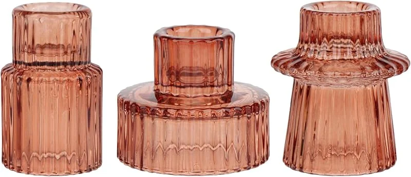 HofferRuffer Juego de 3 portavelas votivos de cristal para velas cónicas, pilares, candelabros para centro de mesa, boda, cumpleaños, regalos, color marrón rojizo — Adviento y mesa