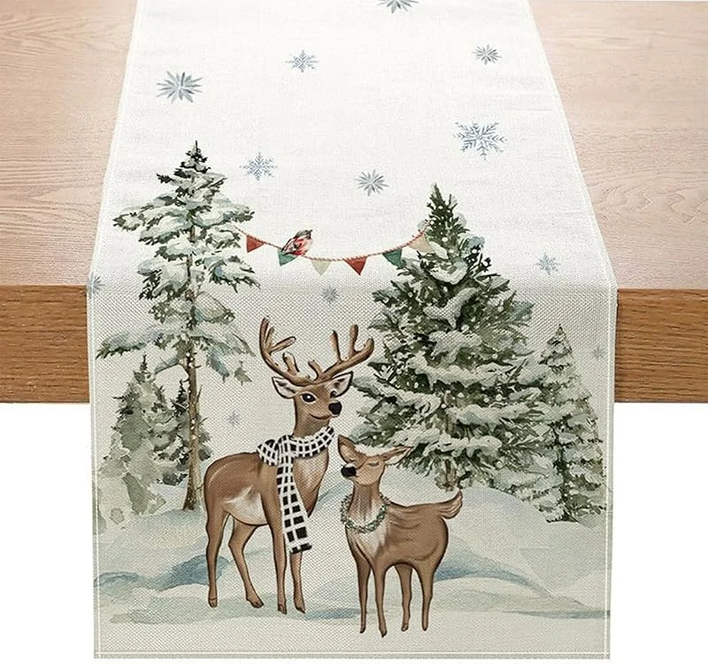 MorLuks Camino de Mesa Navidad Blanco, 33 x 183 cm Camino Navideño con Reno Árbol y Copo de Nieve, Moderno Decoracion Mesa para Fiesta Invierno Festivo — Hogar y cocina