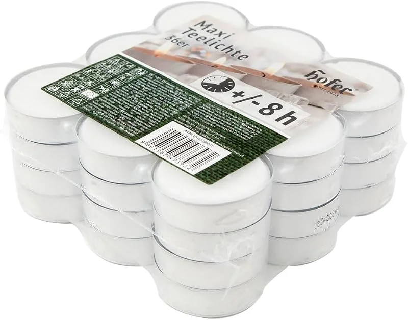 hofer gegr.1418 Hofer Velas de Té Grandes Maxi - 57mm - Paquete de 36 piezas - 8 horas de tiempo de combustión - Color Blanco - Cera sin, Larga duración, Calidad de la UE — Cena a la luz de velas