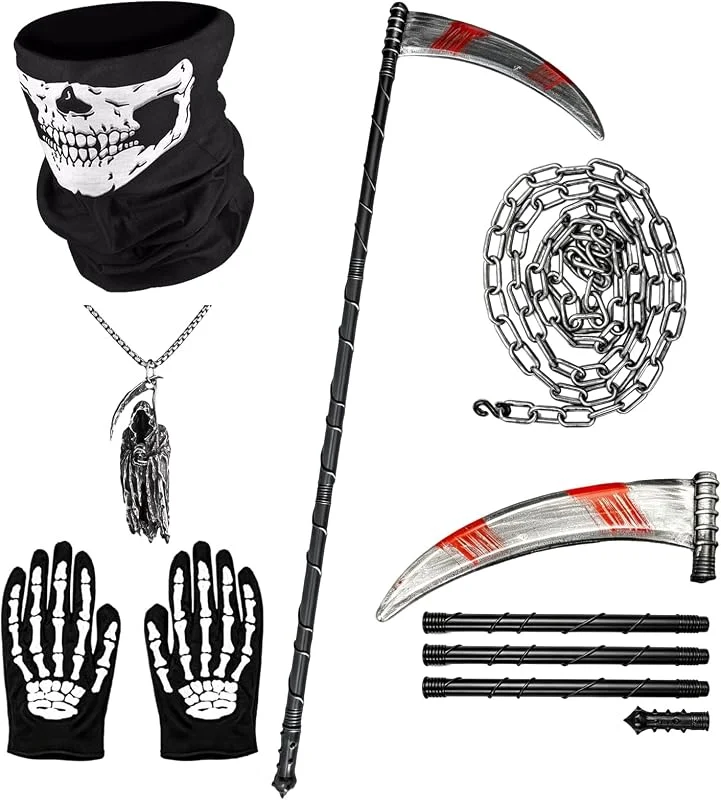 WANGHONGGOGO 5 accesorios para disfraz de la Parca Esqueleto Set, guadaña desmontable y Cadena de la Parca de 2 m, guantes, Collar, Fantasmas Party en la Oscuridad Terrorífico Carnaval Navidad — Ropa Navidad