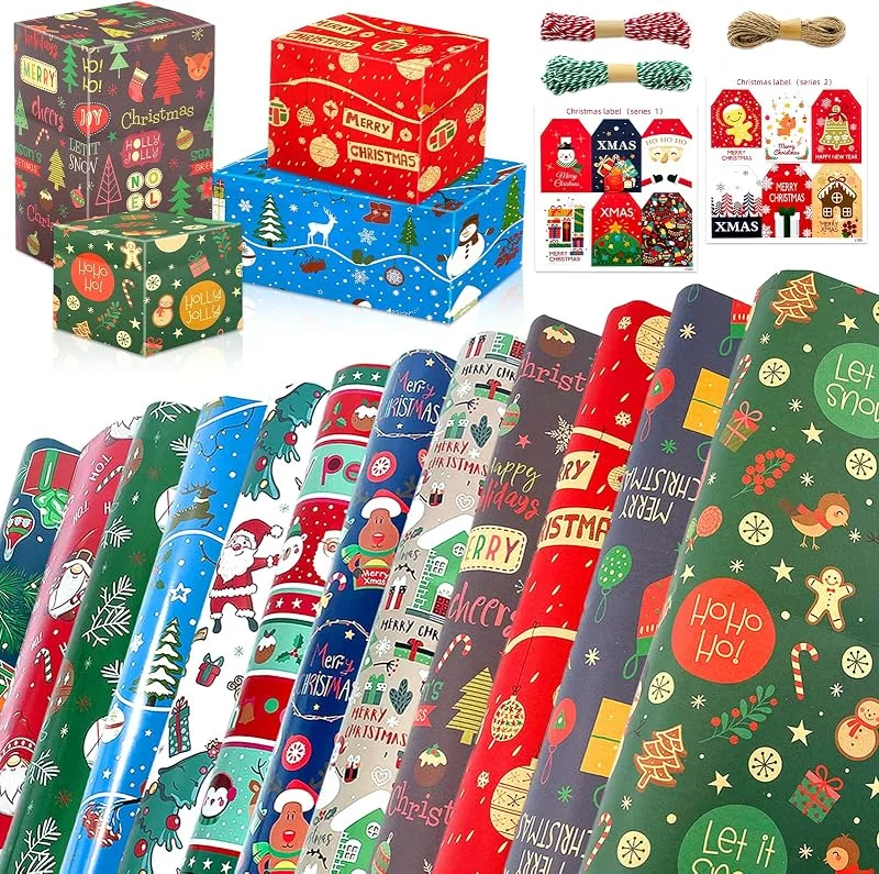 Lets Joy 12 Hojas Papel Regalo Navidad, 75 x 50cm Papel Regalo Navidad Kraft, con Etiquetas Regalo Cuerdas — Envoltorio regalo