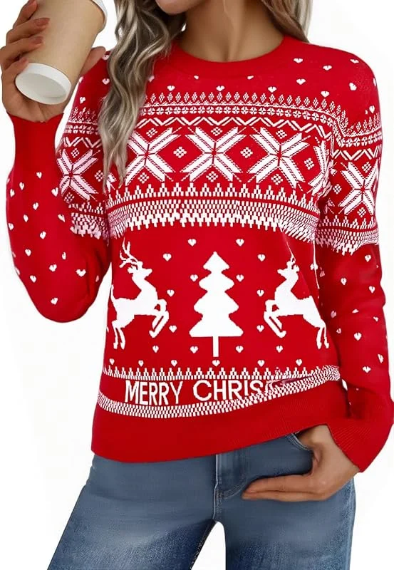 Visita la tienda de Bresdk Bresdk Jersey Navideño Mujer Punto Suéter de Navidad Cuello Redondo con Reno Ugly Christmas Sweater Ideal para Fiestas, Fotos, Oficina S-XXL — Ropa Navidad
