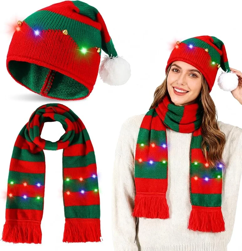 Beipegin 2 Piezas LED Bufanda y Gorro Navidad Santa Claus Gorro Elfo Beanie Sombrero con Luz, Gorros Navideños Bufanda Navideña Navidad Accesorios para Adulto — Ropa Navidad