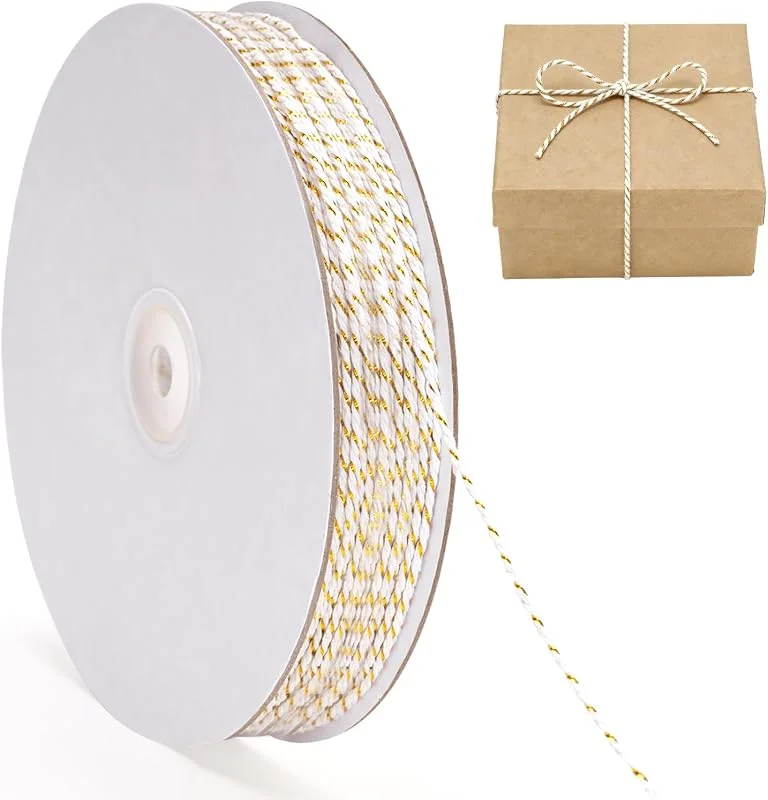 Visita la tienda de G2PLUS G2PLUS 100m Cuerda de Algodón, 2mm Cordel de Algodón Blanco con Hilo Dorado — Envoltorio regalo