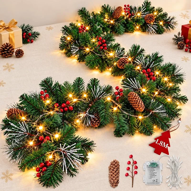 YYSWSAKY Guirnalda de Navidad Luminosa 2M, Guirnalda Abeto Artificial para Puerta, Chimenea y Pasamanos, Guirnalda Verde, Decoración Navidad Interior Exterior, Decor Festivo — Decoracion Navidad