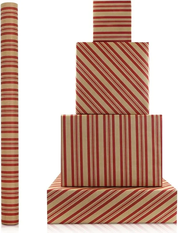 Boerni Rollo de papel de regalo de Navidad a rayas vintage, diseño clásico de rayas de bastón de caramelo rojo, 1 mini rollo de 43 x 300 cm por rollo, papel rústico de regalo con línea de cuadrícula para — Envoltorio regalo
