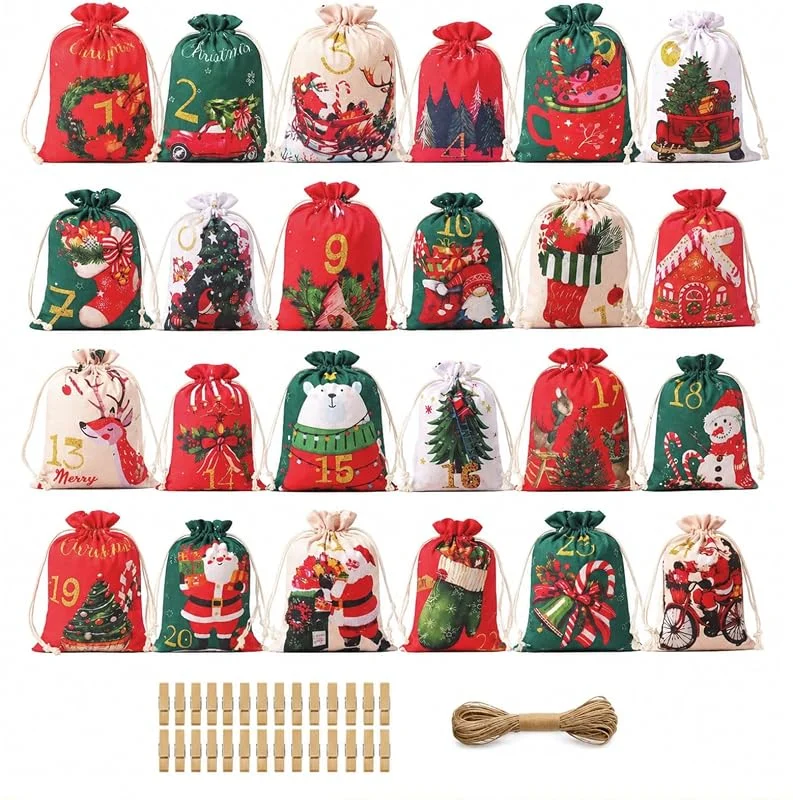 Wusejosapi 24 bolsas para calendario de Adviento, sacos navideños reutilizables — Adviento y mesa