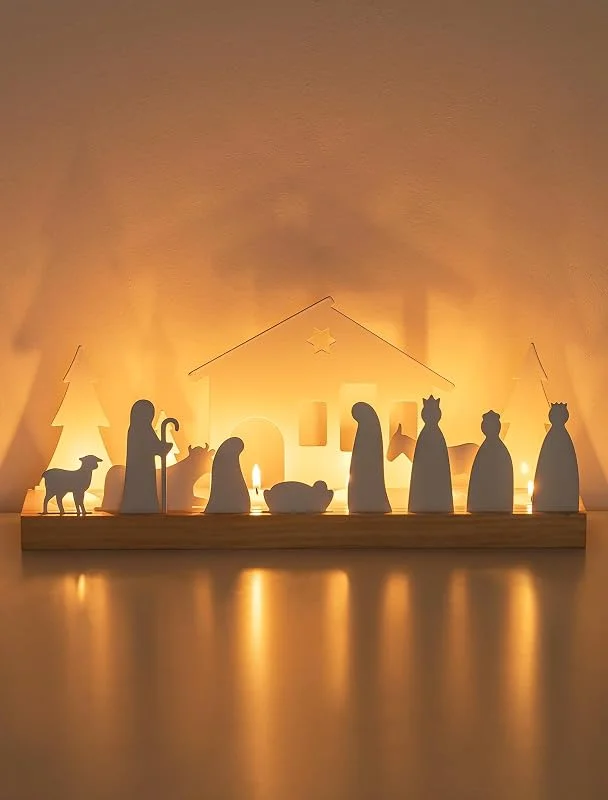 Romadedi Juego de candelabros navideños para belén, juego completo de decoración interior con base de madera, juego de belén blanco para mesa de salón, ideal para decoración de Navidad, regalos — Decoracion Navidad