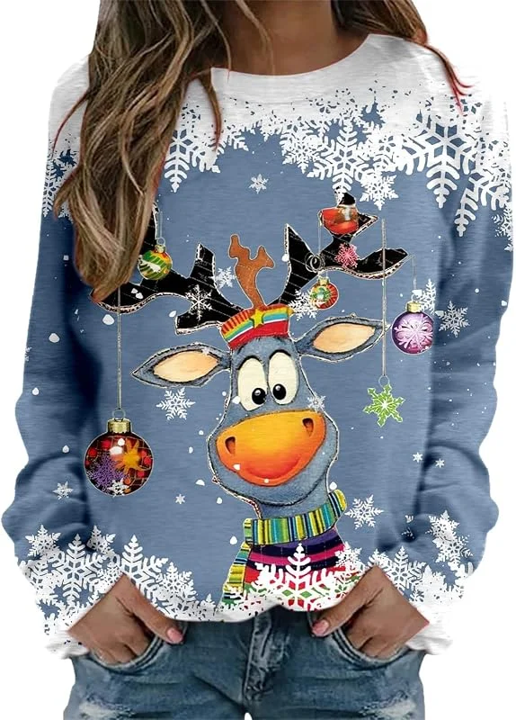 Generisch Jersey de Navidad de moda para mujer con estampado de renos, manga larga, cuello redondo, diseño bonito para adolescentes, sudaderas festivas sin — Ropa Navidad