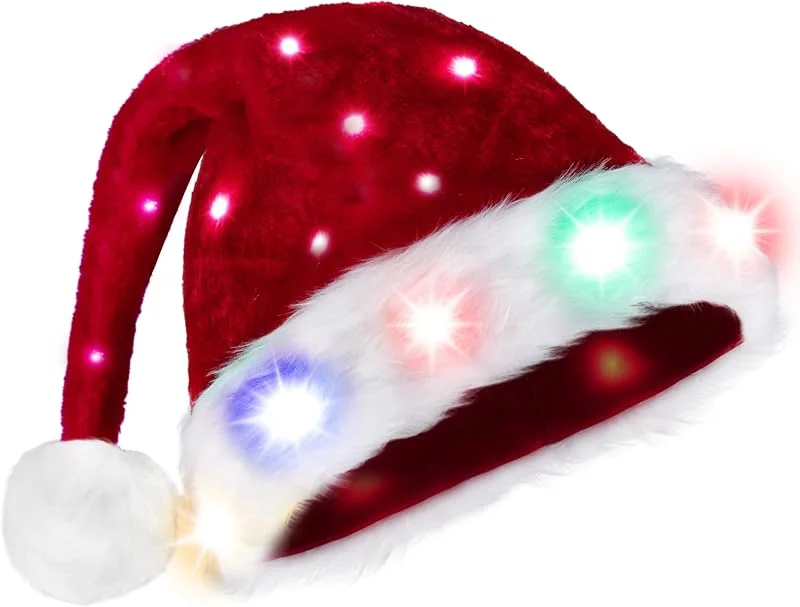 Giggling Getup Sombreros de elfo de Papá Noel iluminados para adultos con pompones, sombrero de Navidad de felpa suave con luces coloridas para hombres y mujeres — Ropa Navidad