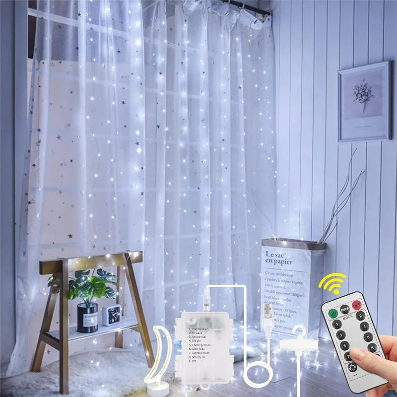 Aomig Cortina de Luces USB, 3m*3m 300 LED Luces LED de Cadena de Cortina, 8 Modos de Luz con Control Remoto, Impermeable Cadena de Luces para Decoración Ventana, Interiores, Navidad, Fiestas — Luces Navidad