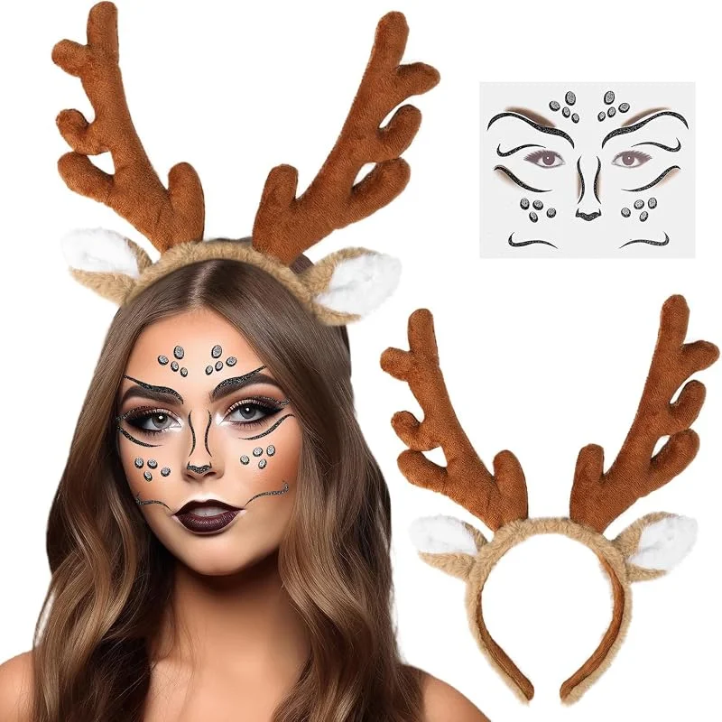 AIEDECOPT Diadema Navideña, Diadema de Renos Navideña con Adhesivos Faciales, Diademas Cuernos Reno, Cabello de Fiestas Navideñas para Mujeres, para Navidads, Carnaval, Fiesta de Nochevieja, Mascarada — Ropa Navidad