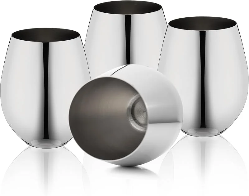 Visita la tienda de WOTOR WOTOR Juego de 4 copas de vino de acero inoxidable sin tallo, 532 ml, copa de vino de metal irrompible, elegante y única, perfecta para exteriores, viajes, camping y piscina(Plata) — Vino y mesa festiva